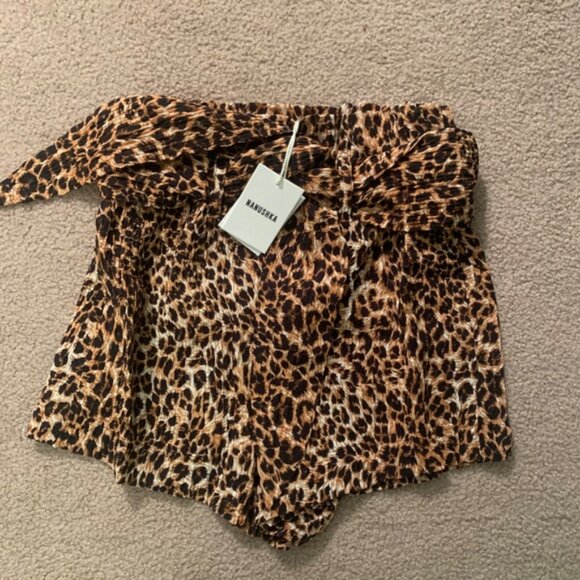 Nanushka Primrose Ocelot Leopard Animal Print Paper Bag Shorts - Picture 4 of 8